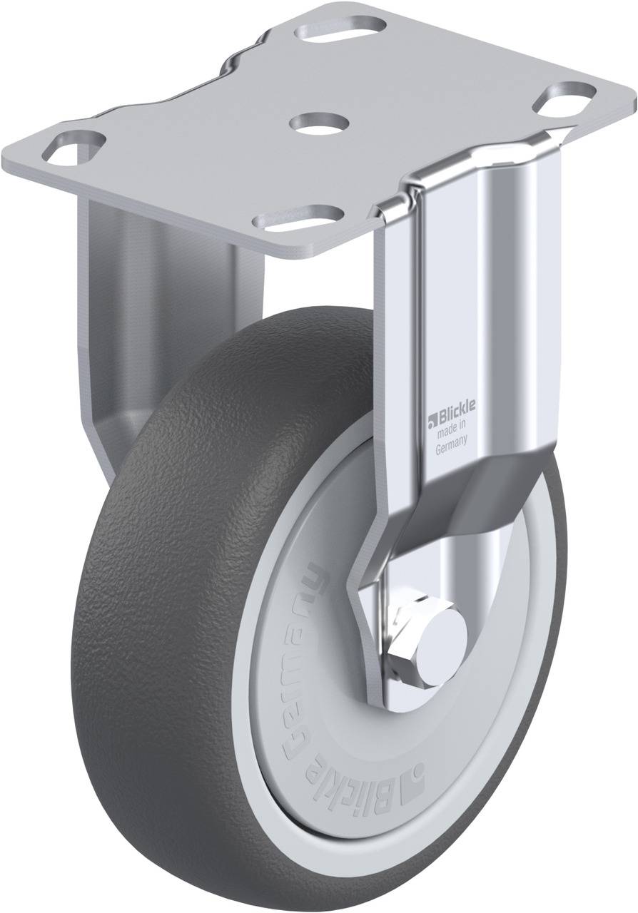 Metallrolle mit grauem Rad und Befestigungsplatte, geeignet für schwere Lasten.