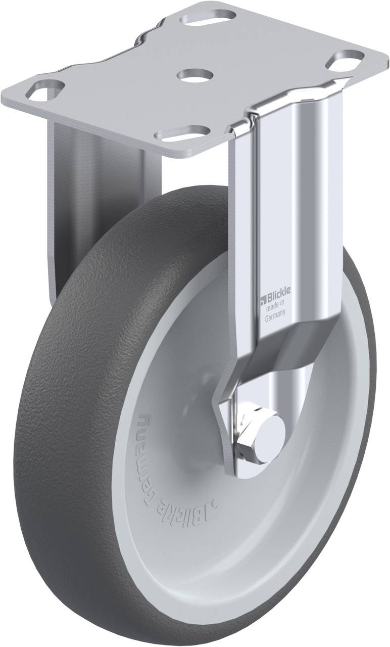 Schwenkrolle mit grauem Rad und silbernem Halter. Geeignet für Geräte, die Beweglichkeit benötigen.