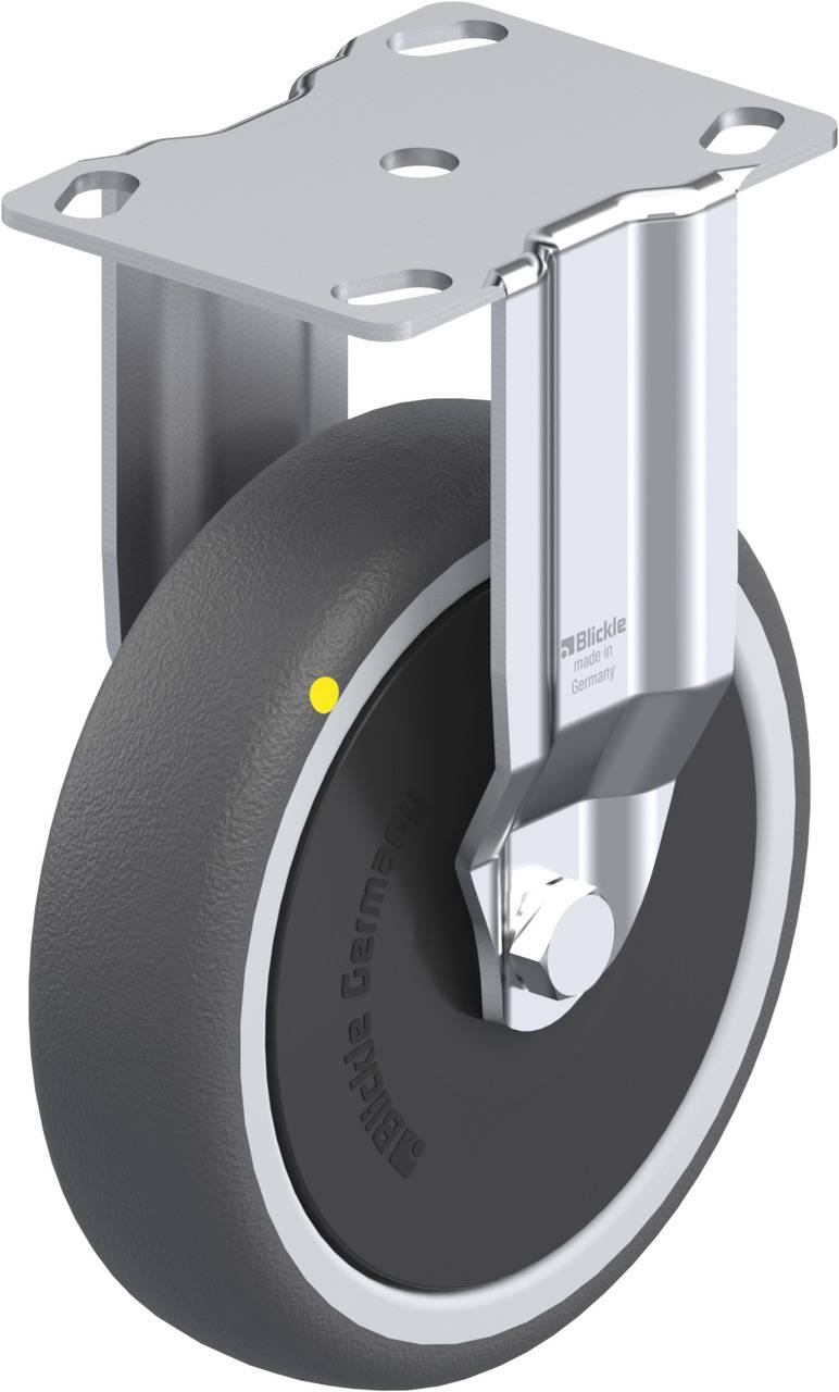 Schwenkrolle mit Metallgehäuse und grauem Gummirad, geeignet für Möbel oder Transportgeräte. Robust und flexibel einsetzbar.