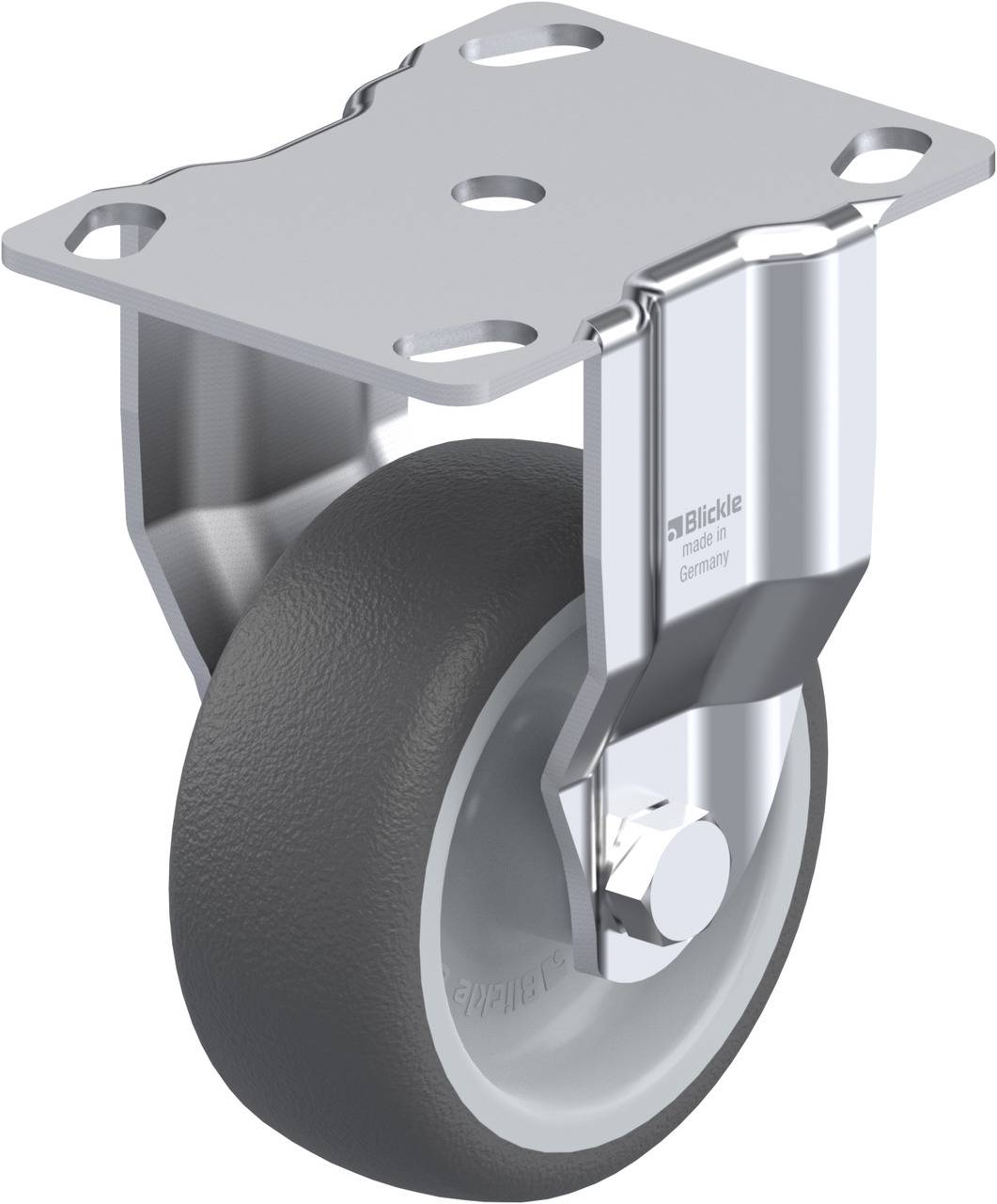 Lenkrolle mit grauem Rad, Metallhalterung und quadratischer Montageplatte mit vier Bohrlöchern; geeignet für leichte bis mittlere Lasten.