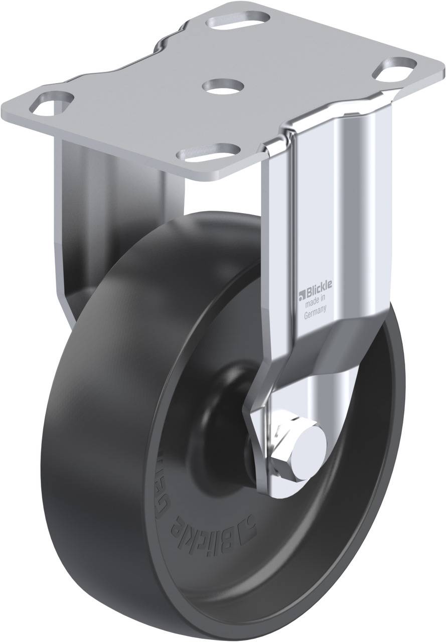 Drehbares Industrielenkrolle mit schwarzem Rad und silbernem Gehäuse, geeignet für schwere Lasten. Geeignet für Transportwagen.