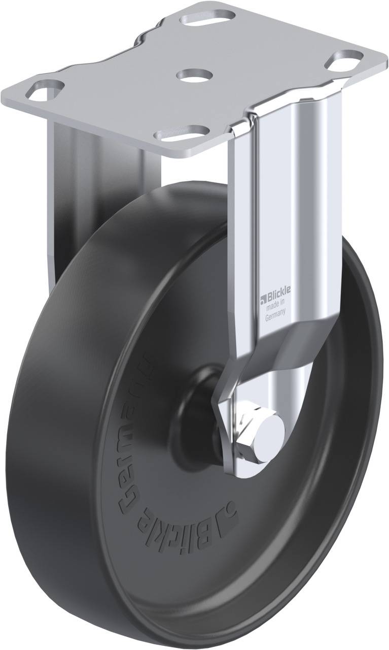 Schwenkrolle aus Metall mit schwarzem Rad, seitlicher Montageplatte und Achskappe, dargestellt vor neutralem Hintergrund.