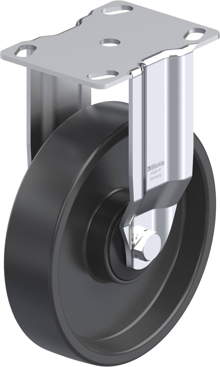 Schwenkrolle aus Metall mit schwarzem Rad und Befestigungsplatte, geeignet für den Einsatz an Möbeln oder Geräten zur Erleichterung der Bewegung.