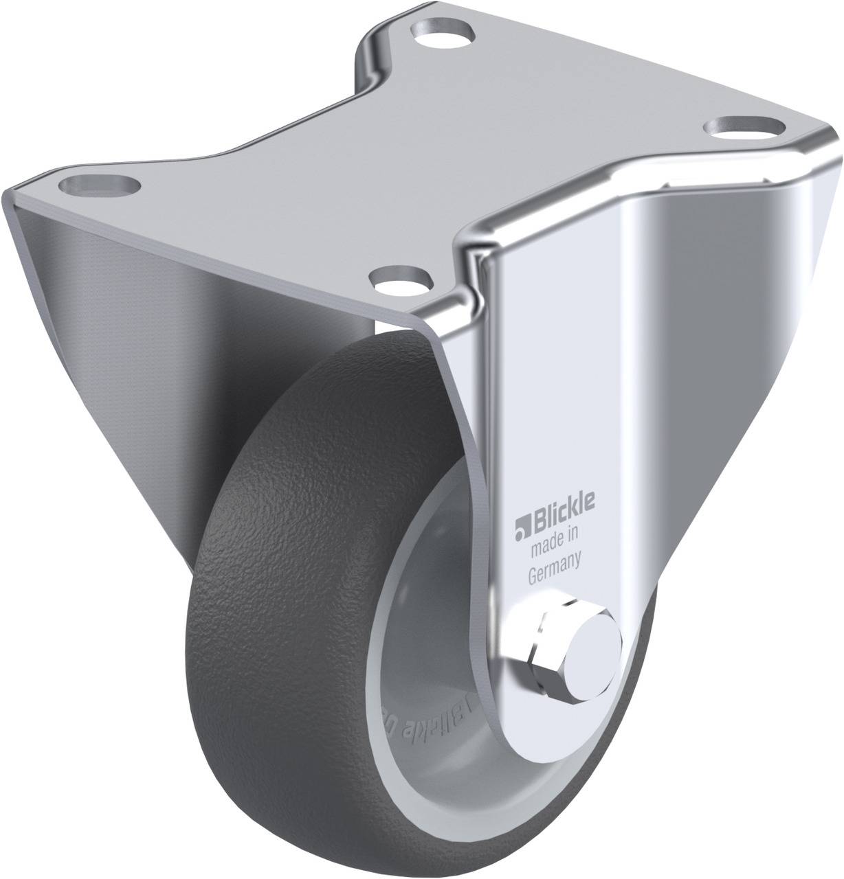 Industrie-Rolle aus Metall mit grauem Rad, geeignet für schwere Lasten. Markierung: 'Blickle made in Germany'.