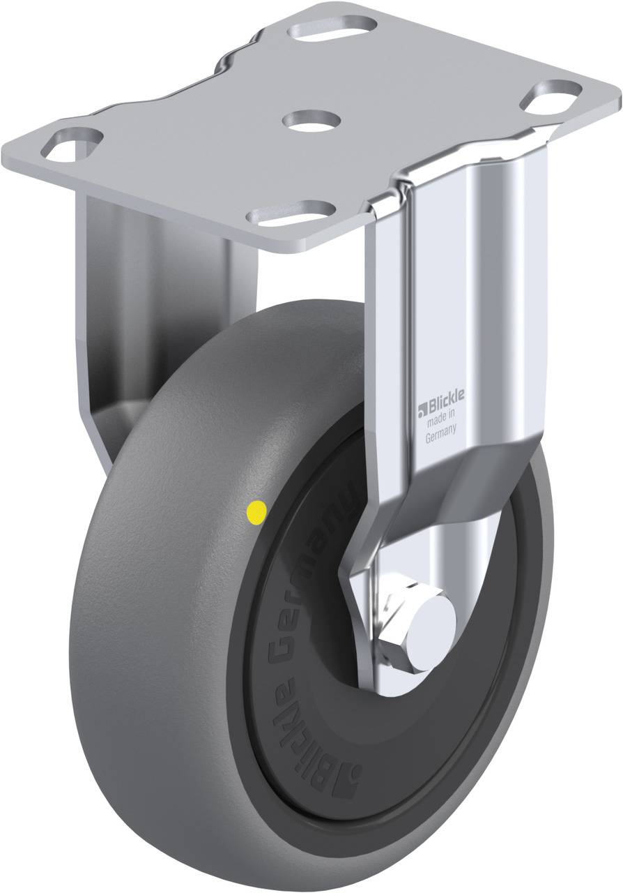 Grau-schwarzes Lenkrollenrad aus Metall und Gummi mit Montagesockel, geeignet für industrielle Anwendungen oder Möbel.