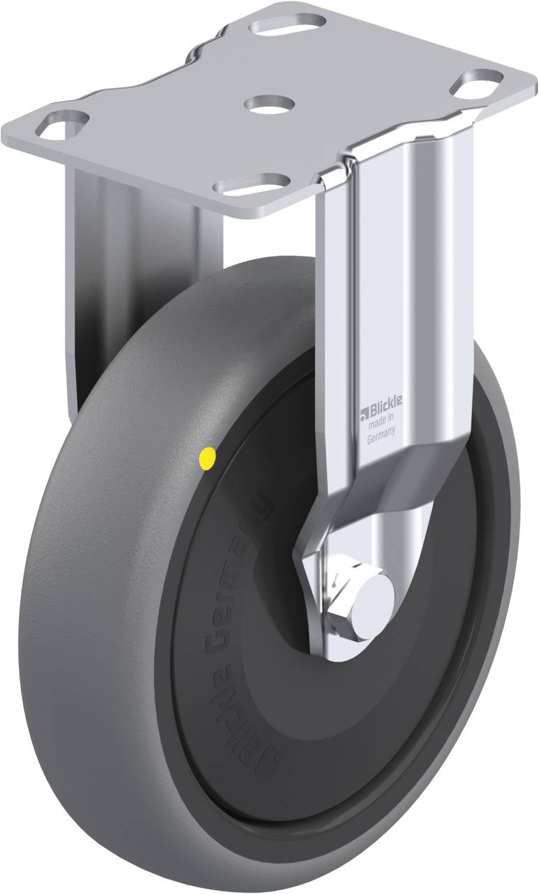 Graue, drehbare Transportrolle mit grauer Gummi-Lauffläche und silberner Metallhalterung, geeignet für industrielle Anwendungen.