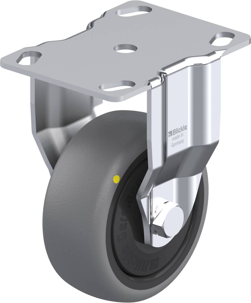 Metall-Rollenhalterung mit grauem Rad. Geeignet für industrielle Anwendungen.