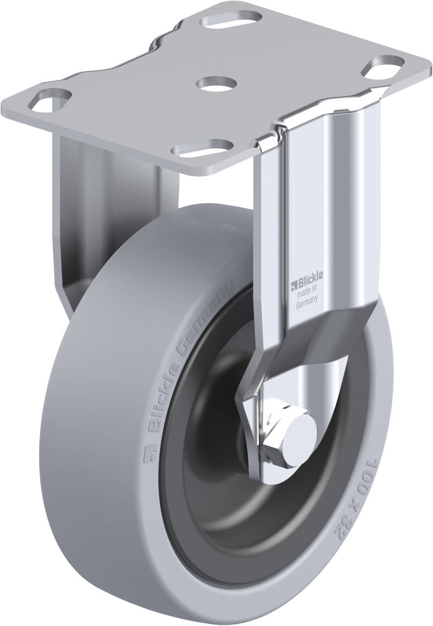 Ein graues Lenkrollenrad mit Metallhalterung und Befestigungsplatte, geeignet für Apparate und Möbel. Text 'Blickle Germany' auf dem Rad.