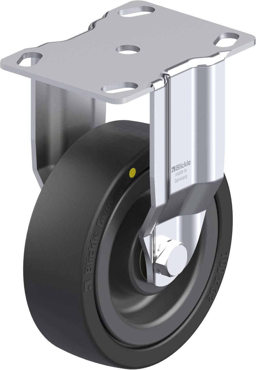 Metallrolle mit schwarzem Kunststoffrad, montiert an einer glänzenden Metallhalterung.