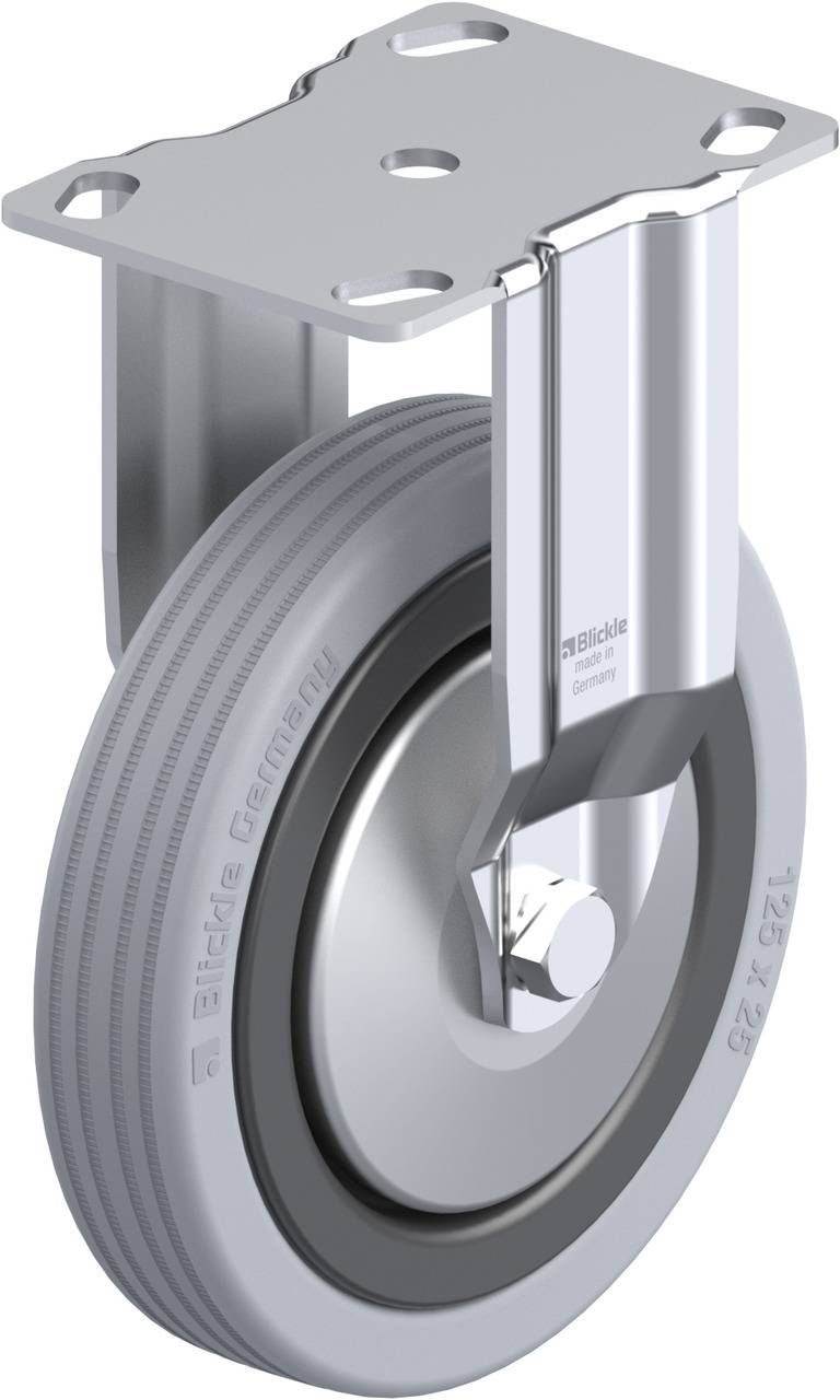 Schwenkrolle mit grauem Rad und Metallhalterung, geeignet für Möbel oder Transportwagen; stabil und leicht drehbar.