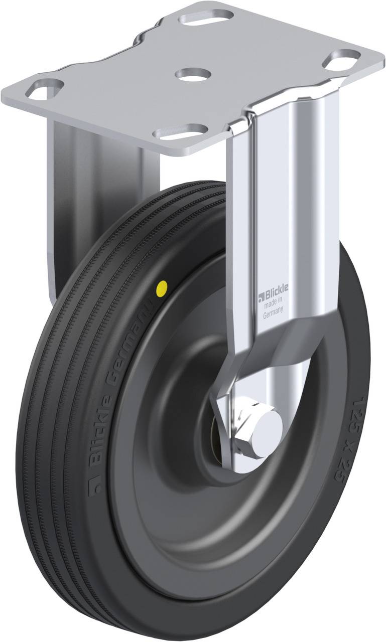 Schwenkrolle mit glatter Metallplatte und schwarzem Rad. Platte hat vier Löcher zur Befestigung. Rollenachse sichtbar, Rad mit Rillen.