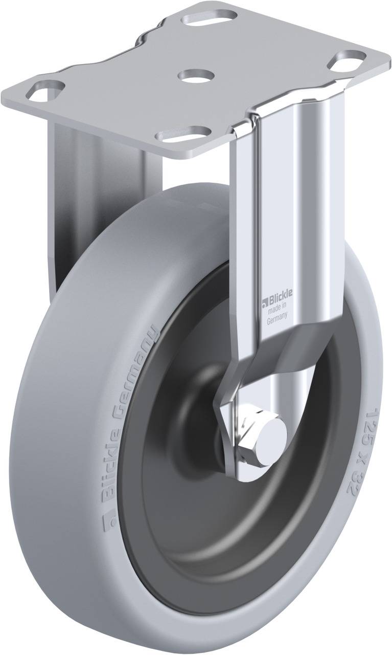 Graues Bockrollen-Rad mit Metallhalterung. Wird häufig für Möbel und Transportgeräte verwendet.