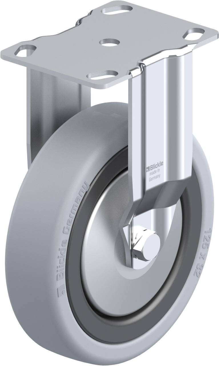 Graues Lenkrollenrad mit Metallhalterung für Möbel oder Transportwagen. Runde Form und glänzende Oberfläche.