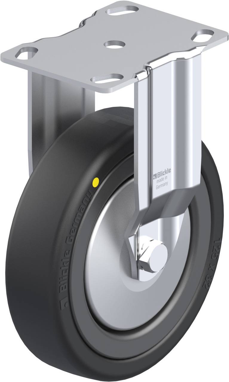 Schwenkrolle mit schwarzem Rad und Metallplatte oben. Geeignet für schwere Lasten, häufig in industriellen Anwendungen verwendet.