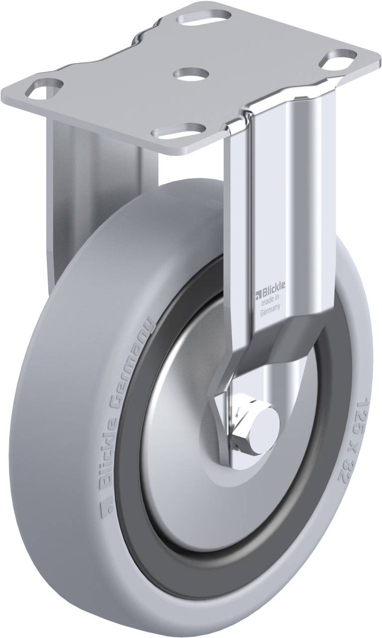 Industrie-Rollenrad mit grauem Gummireifen und Metallhalterung, geeignet für Möbel oder Transportmittel.