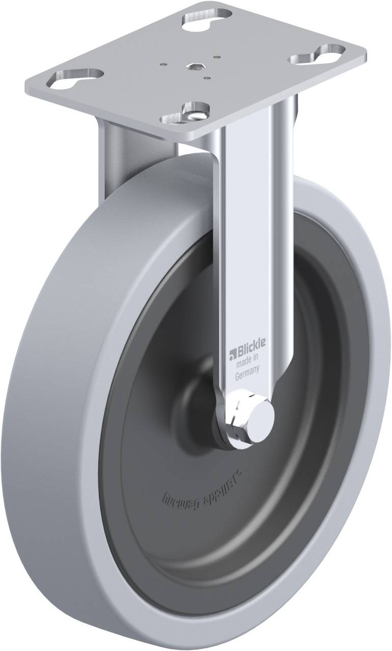 Ein graues Metallrad mit starrer Halterung, geeignet für schwere Lasten, mit einer glatten Oberfläche und einer flachen Montageplatte.