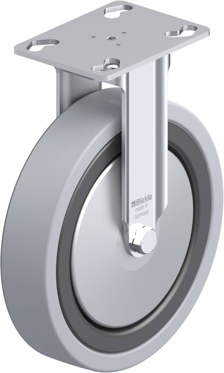 Industrie-Lenkrolle mit Metallgehäuse und grauem Rad. Ideal für schwere Lasten in Lager- oder Fertigungsumgebungen.