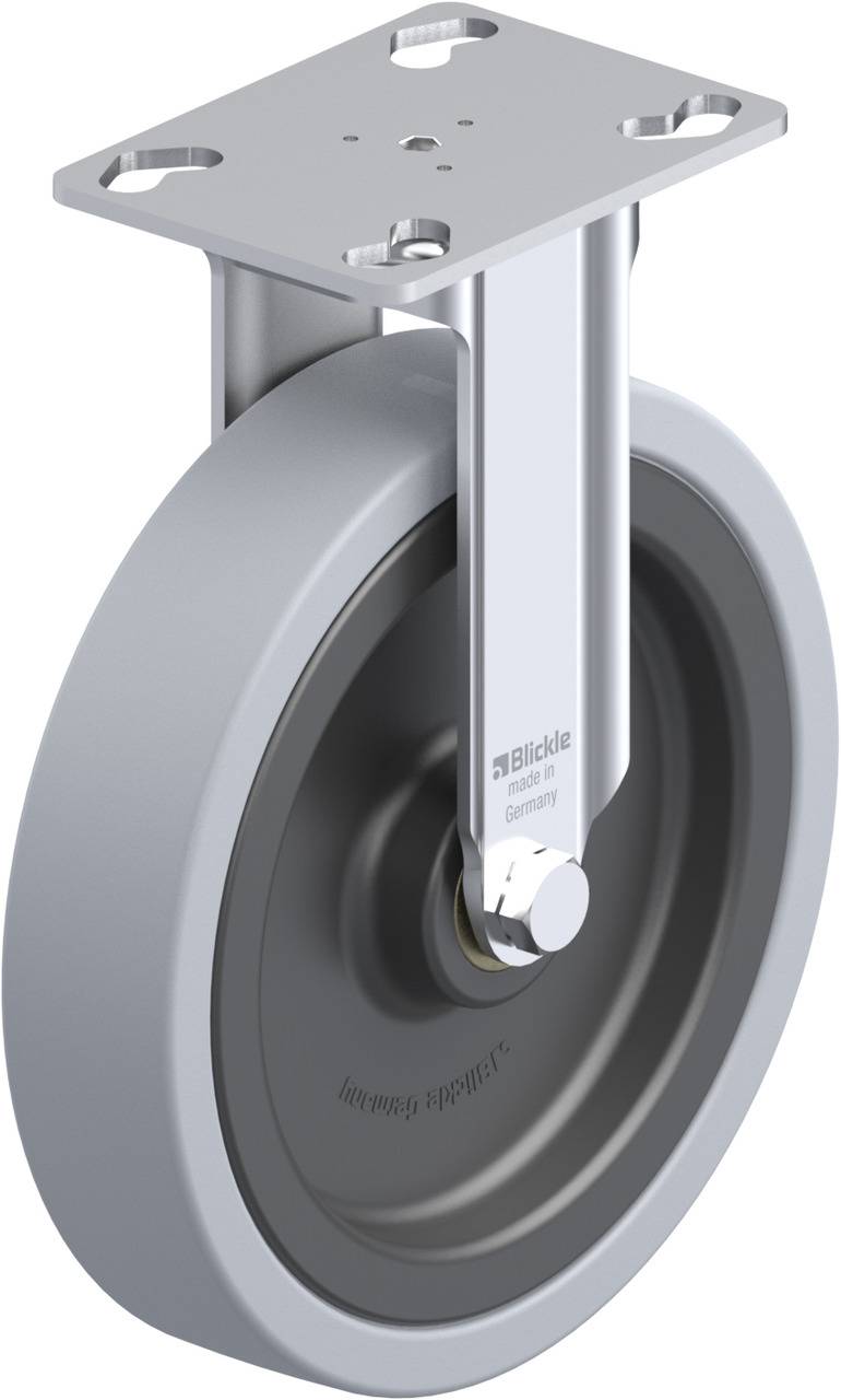 Einzelnes graues Rad mit Metallhalterung, geeignet für industrielle Anwendungen; die Halterung ist an einer rechteckigen Platte befestigt.