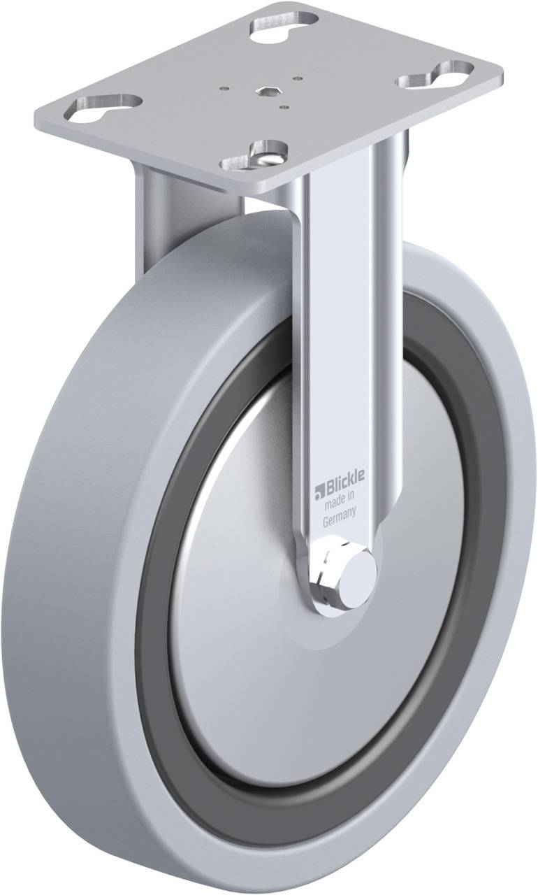 Industrie-Lenkrolle mit grauem Rad, Metallhalterung und Befestigungsplatte. Geeignet für schwere Lasten in der Logistik.
