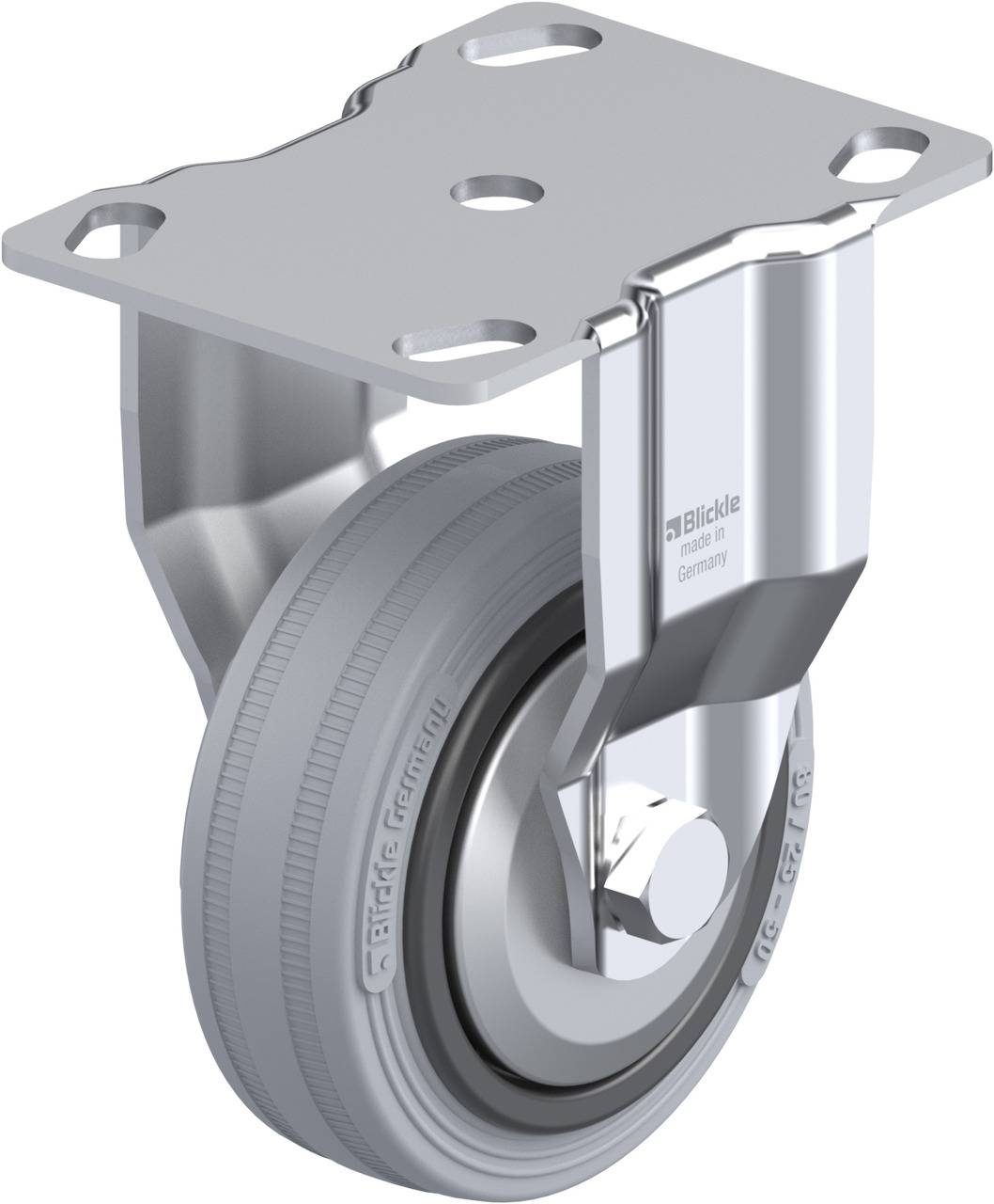 Silbernes Schwenkrad mit grauer Gummireifen und Metallplatte zur Montage, geeignet für Industrieanwendungen.