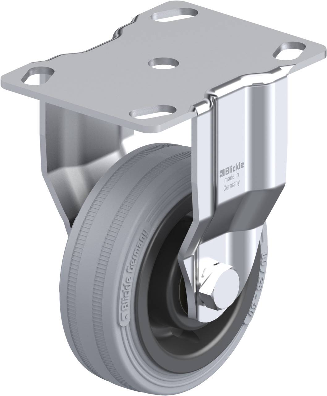 Metallisches Lenkrollenrad mit Halterung, geeignet für industrielle Anwendungen. Der Reifen ist aus grauem Gummi mit Rillenprofil.