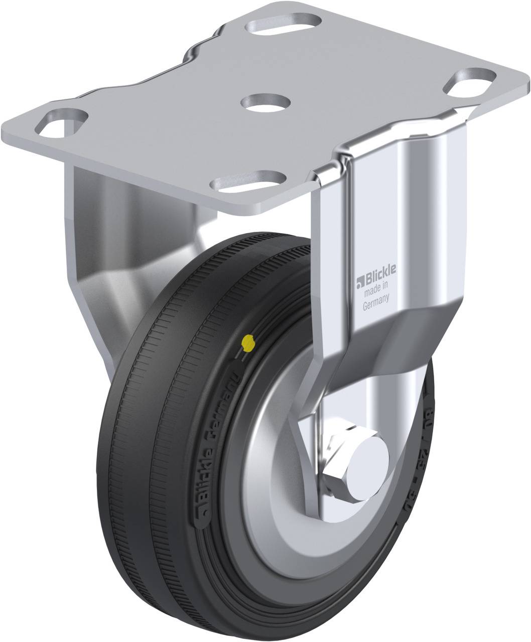 Metallisches Lenkrollenrad mit schwarzem Gummirad, befestigt an einem rechteckigen Montageblech mit vier Löchern.