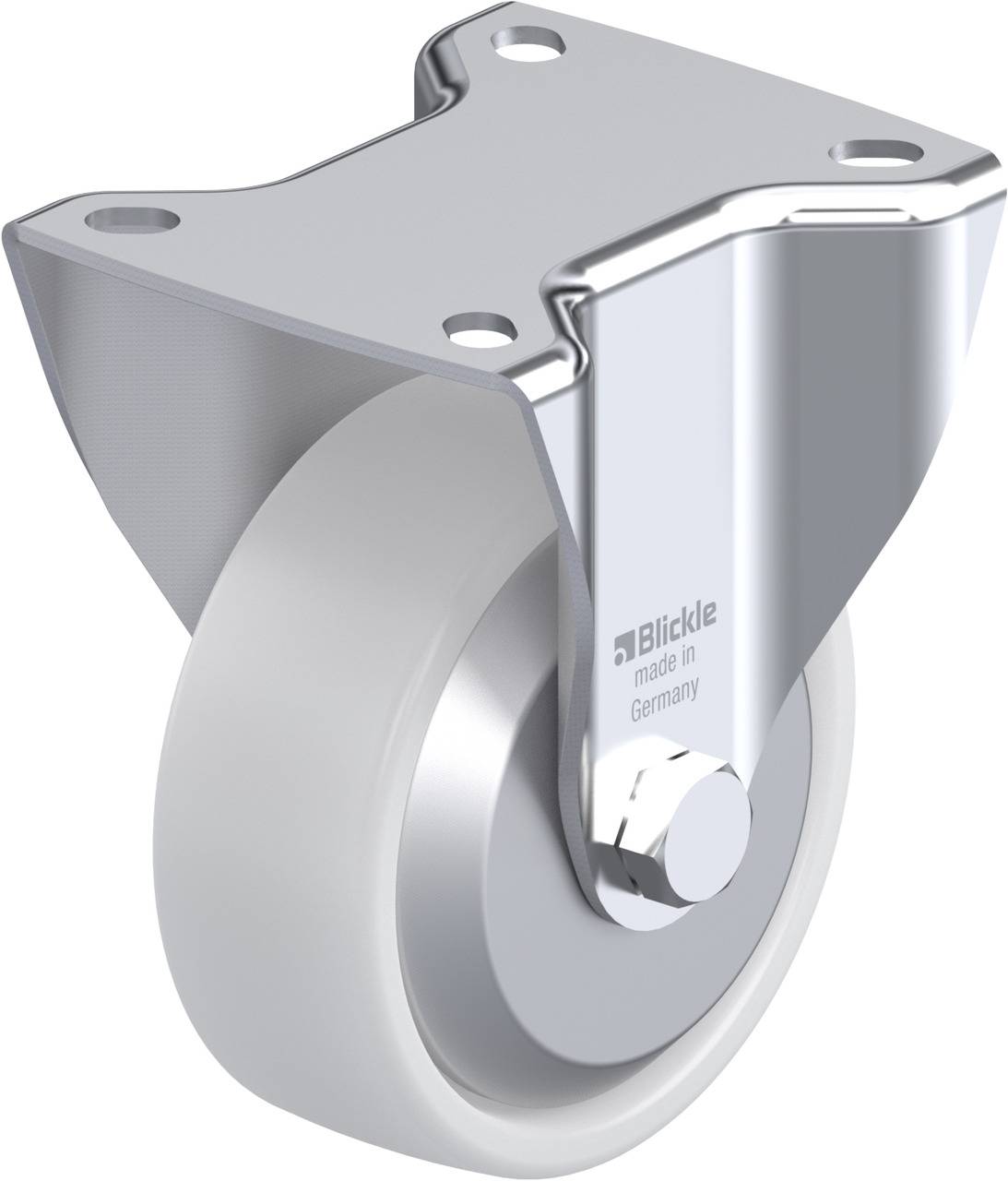 Metallrolle mit silberner Halterung und weißem Rad, beschriftet mit 'Blickle, made in Germany'.