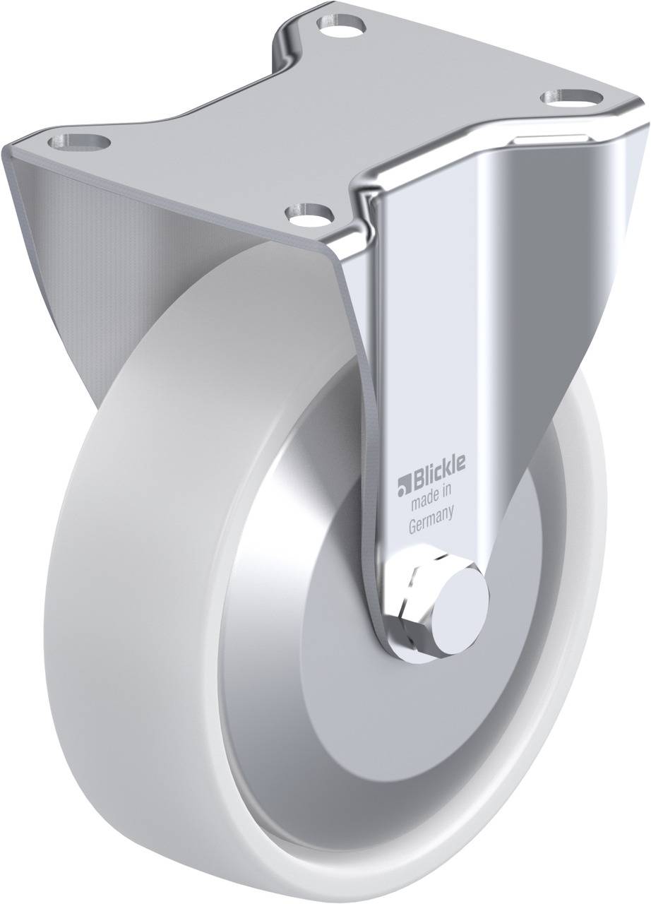 Ein silbernes Lenkrollenrad aus Metall und Kunststoff mit Halterung, Aufschrift 'Blickle made in Germany'.