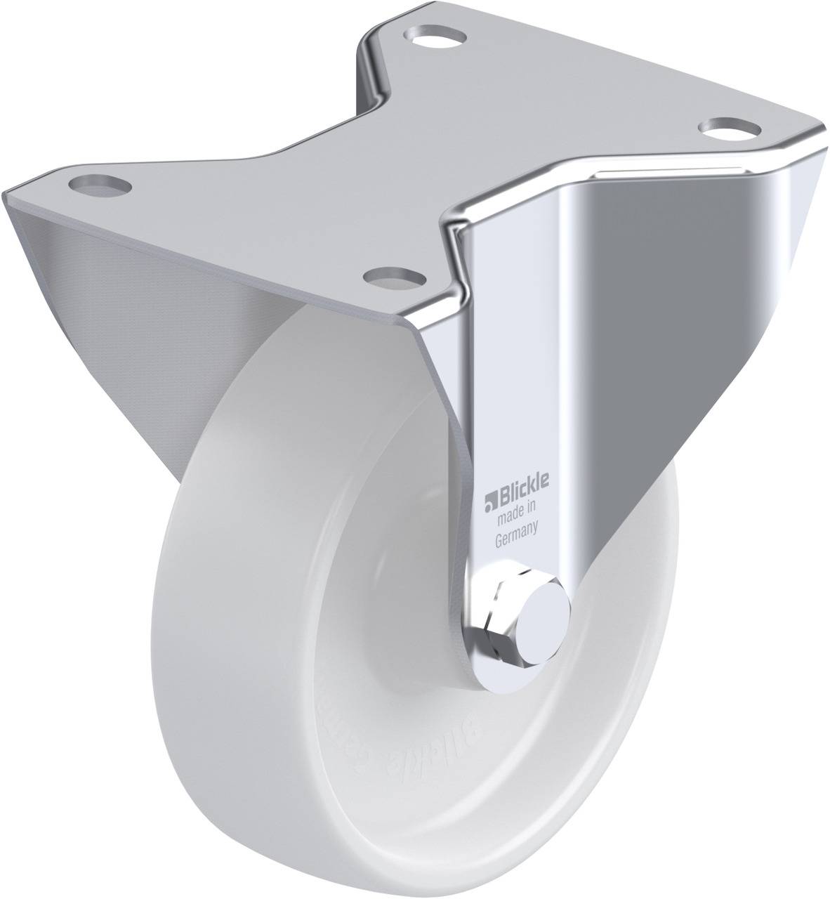 Eine weiße Laufrolle mit silberner Metallhalterung, auf der 'Blickle, made in Germany' steht. Ideal für Möbel oder Industrieanwendungen.