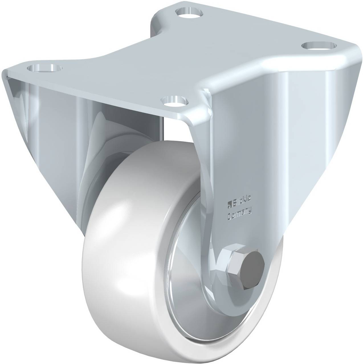 Silbernes Rad aus Metall mit Halterung, geeignet für Möbel oder Industrieanwendungen.