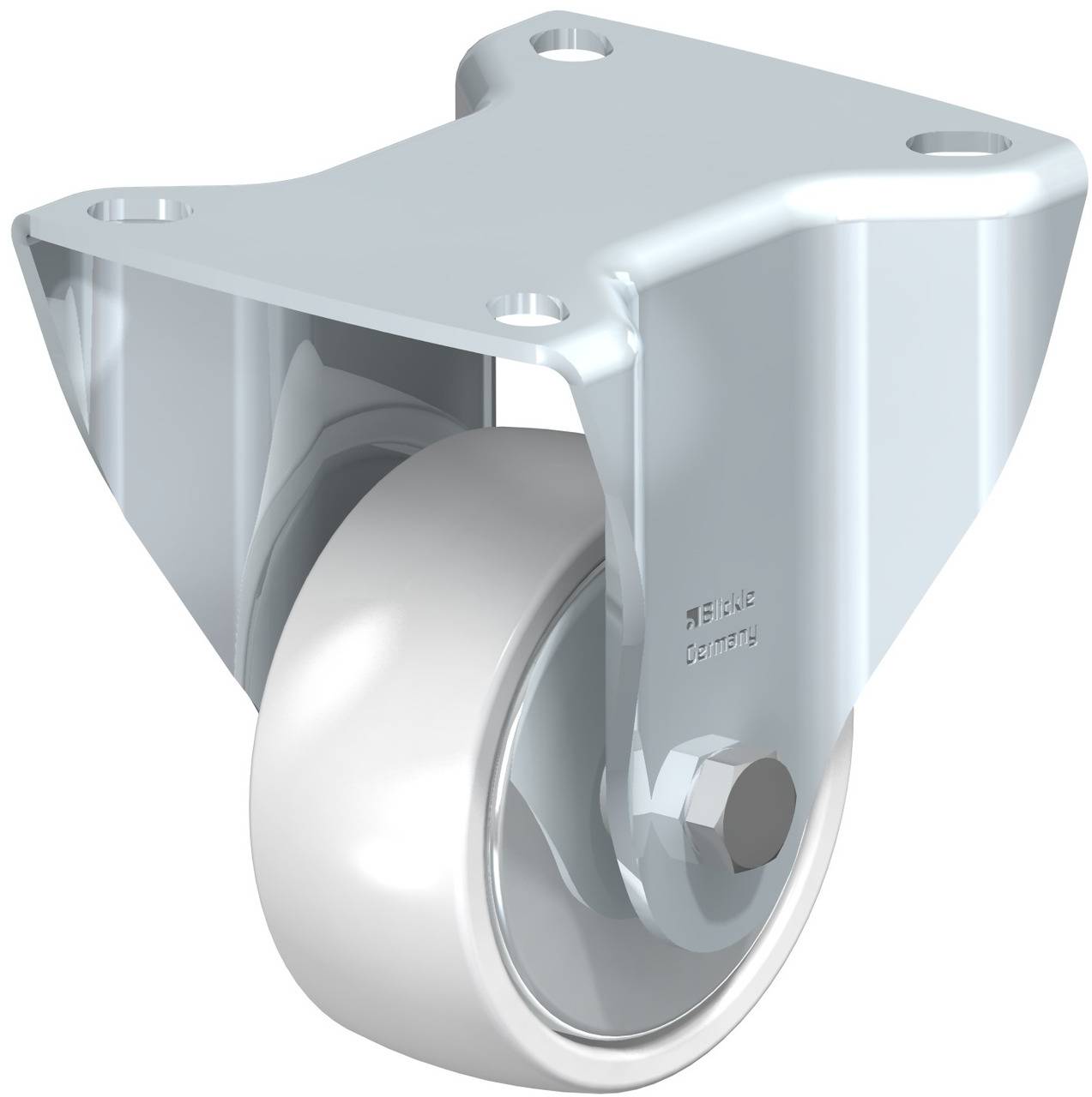 Ein graues Gehäuse-Rad mit Befestigungsplatte, geeignet für industrielle Anwendungen, zeigt einen festen silbernen Rahmen und eine weiße Rolle.