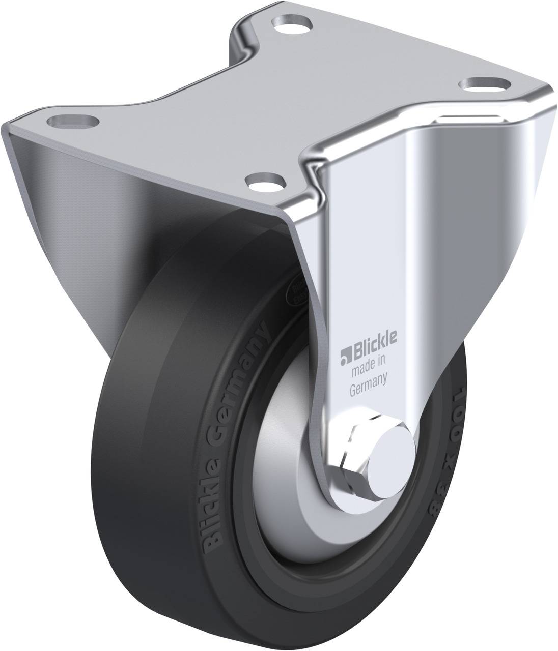 Industrie-Lenkrolle mit Metallbefestigung und schwarzem Rad, geeignet für schwere Lasten. Hergestellt in Deutschland.