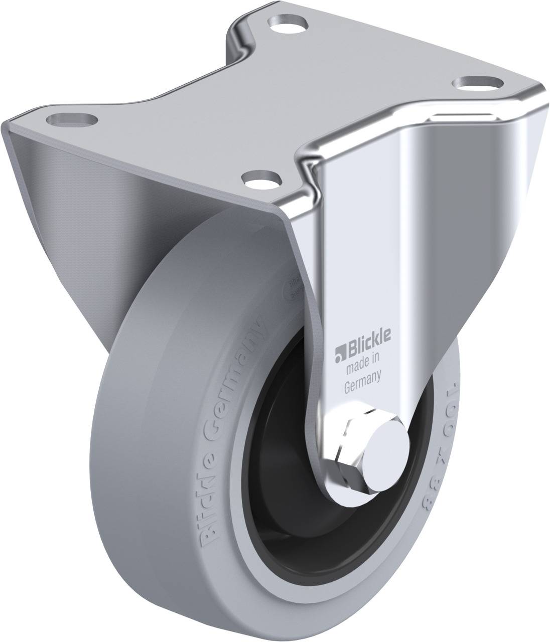 Schwenkrolle aus Metall, hellgraues Rad mit Kugellager, Herstellerlogo 'Blickle' und 'Made in Germany' aufgedruckt.