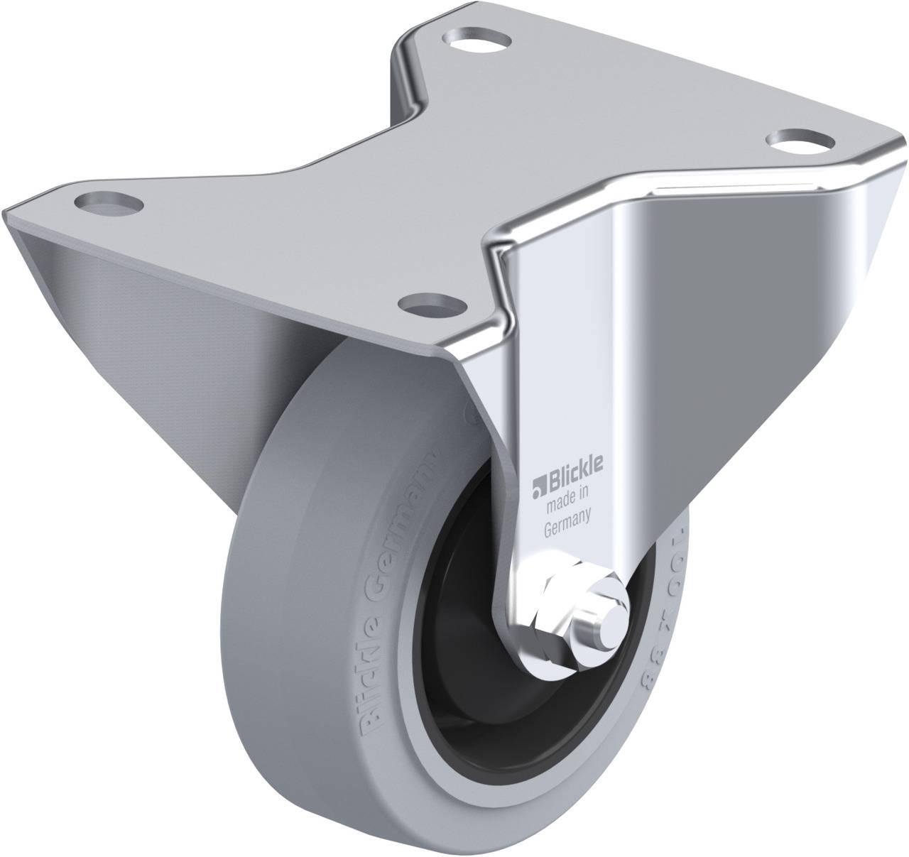 Schwenkrolle mit grauem Rad und silberner Halterung, geeignet für Möbel oder Transportwagen.