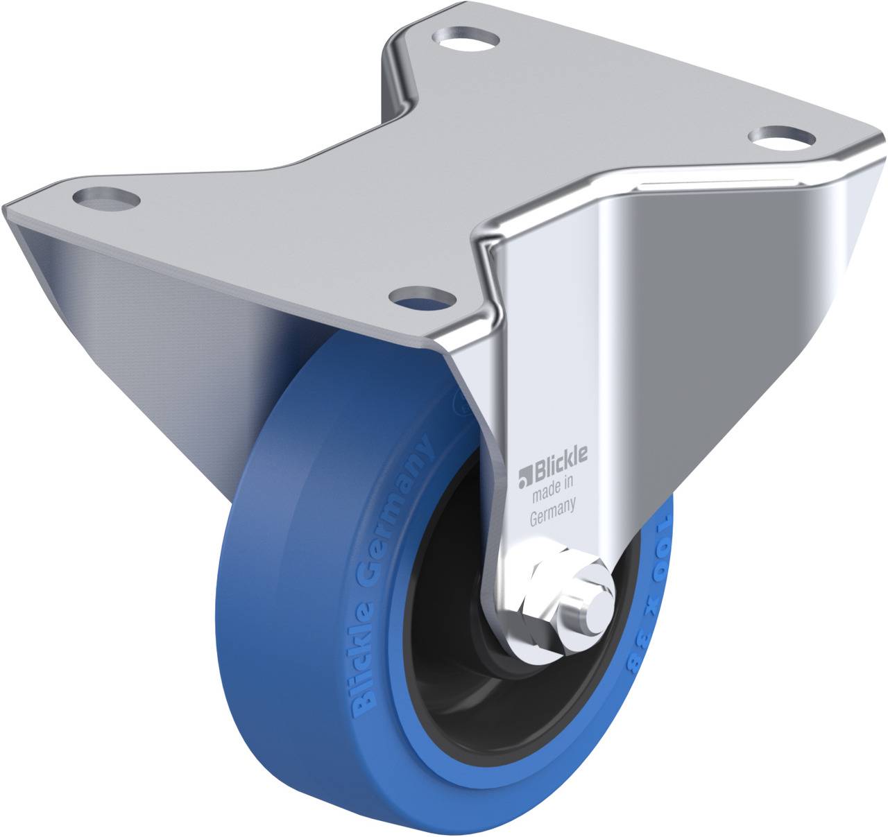 Ein blaues Rad mit Metallhalterung, geeignet für Transportmittel oder Möbel mit Rädern.