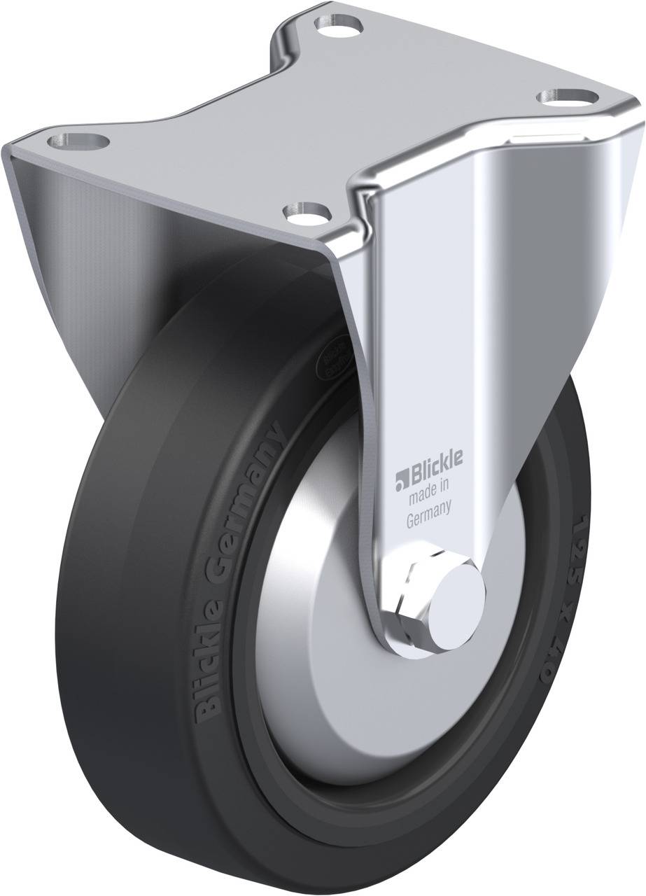 Industrie-Rolle aus schwarzem Kunststoff mit silbernem Metallgehäuse, vier Schraublöchern zur Befestigung; robustes Design.