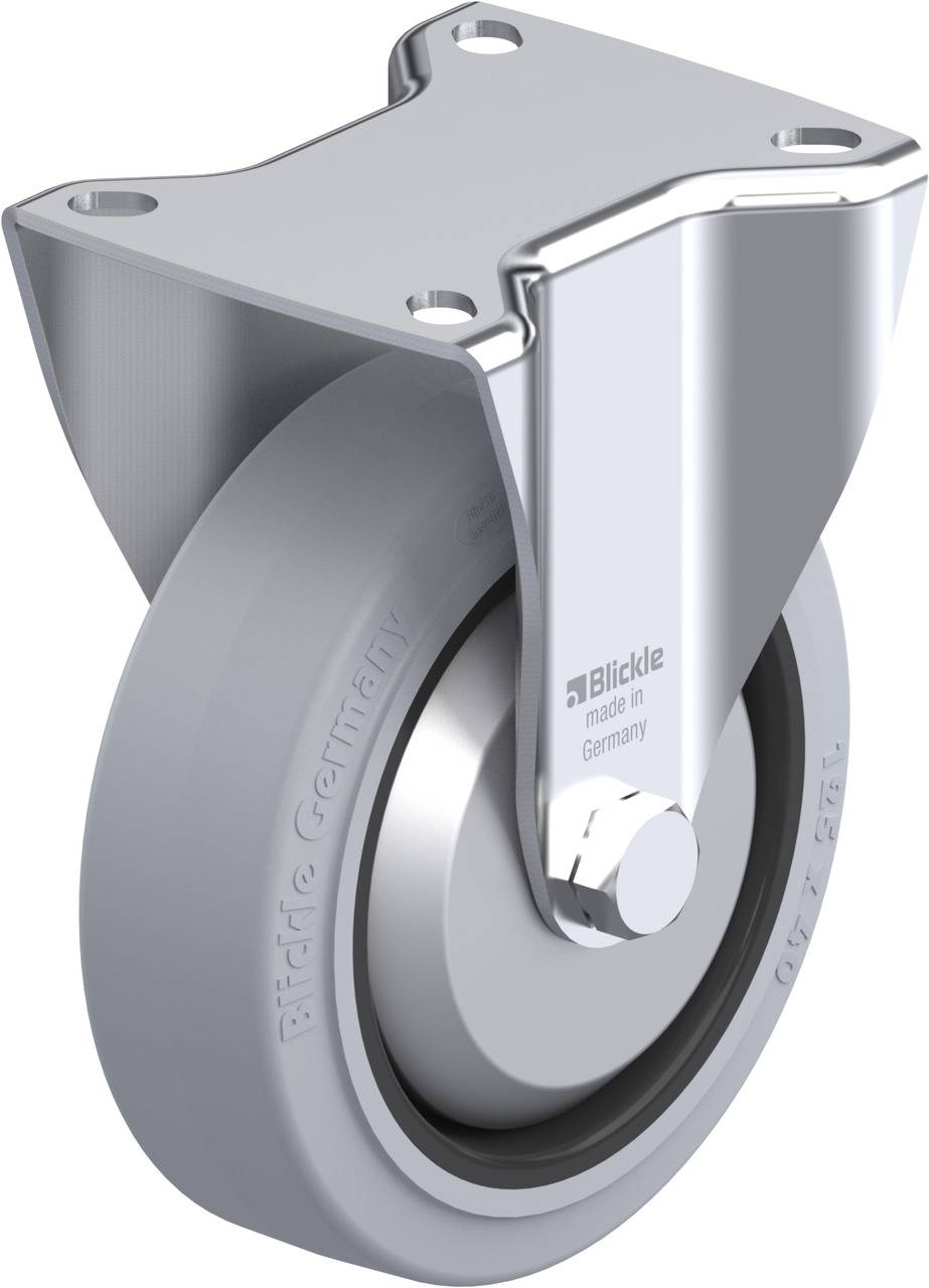 Graue Lenkrolle mit Stahlhalterung und Befestigungsplatte. Geprägter Text auf Rolle: 'Blickle Germany'.