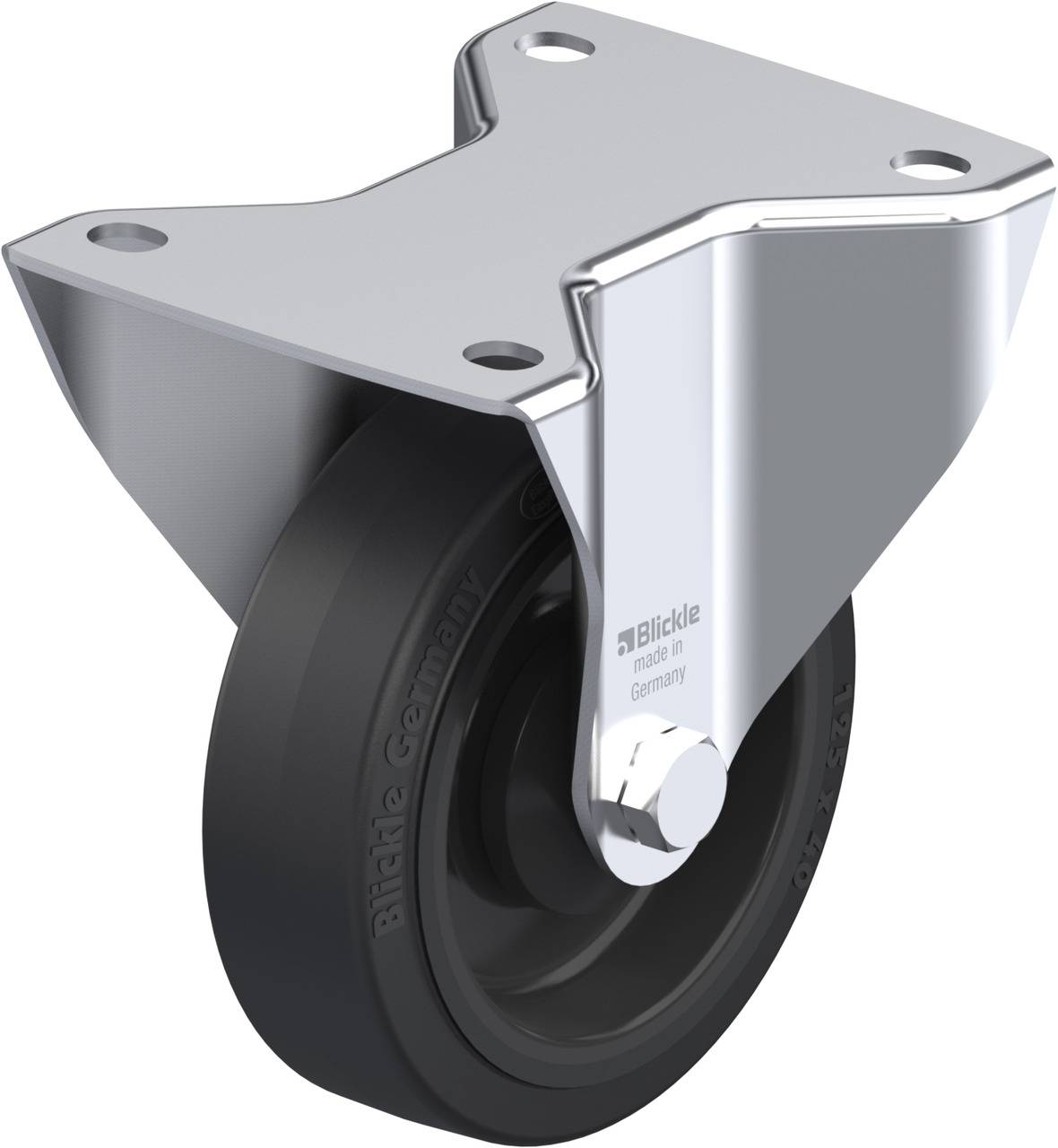 Schwenkrolle aus Metall und Kunststoffrad, hergestellt in Deutschland von der Marke Blickle, geeignet für Industrieanwendungen.