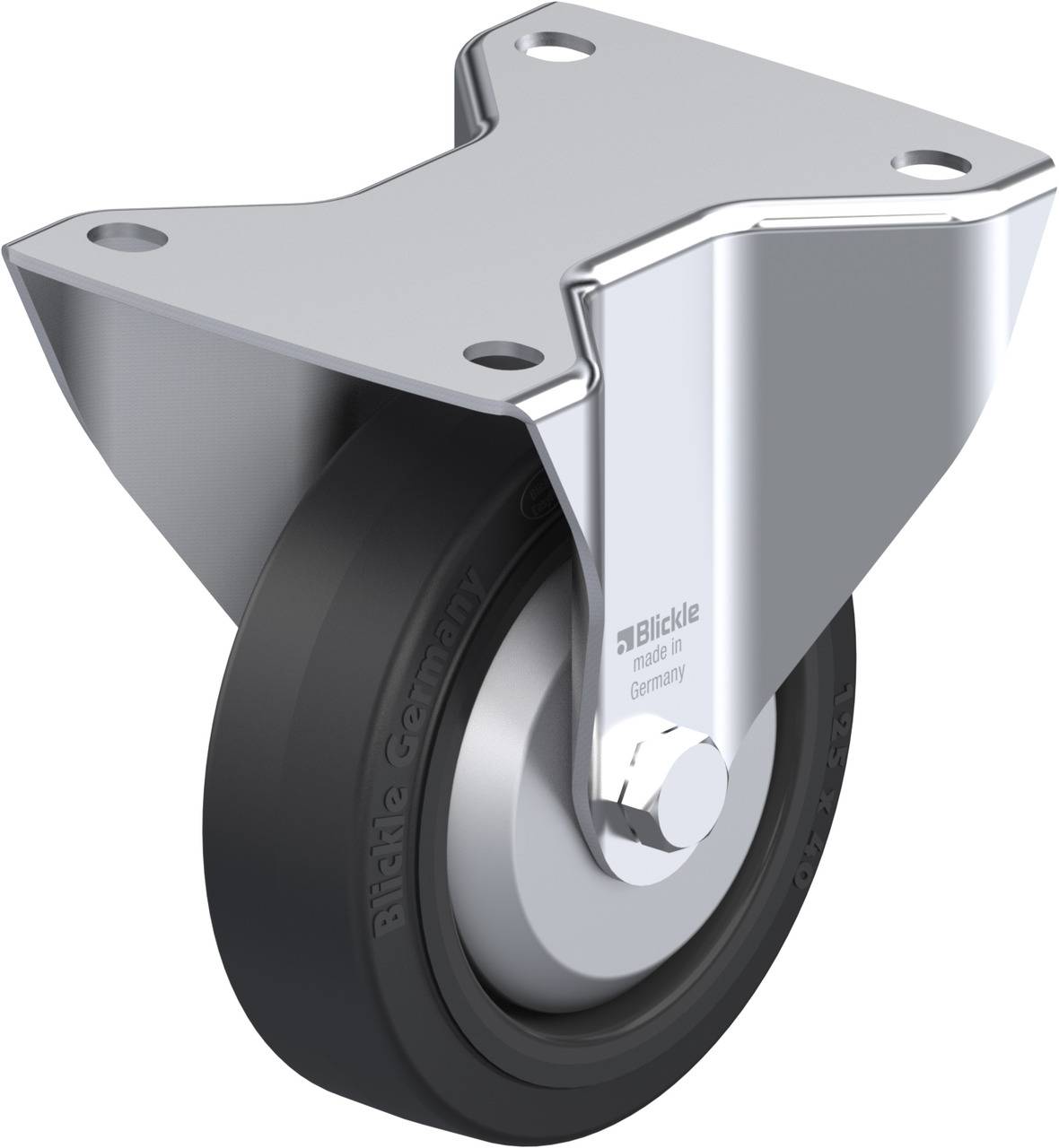 Schwenkrolle aus Metall mit schwarzem Rad, Industriequalität.