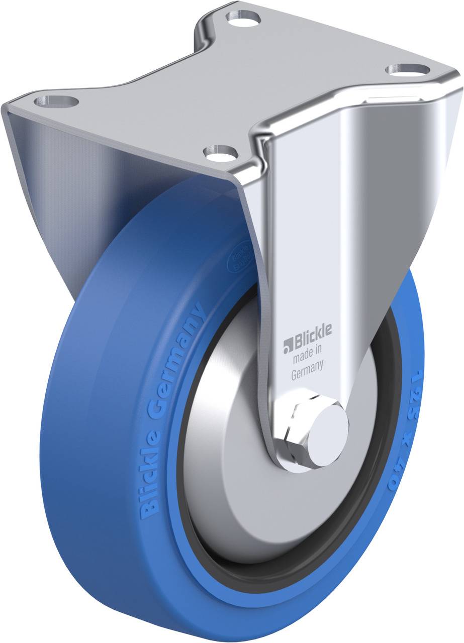Blaues Transport-Lenkrolle von Blickle mit Metallhalterung, geeignet für industrielle Anwendungen.