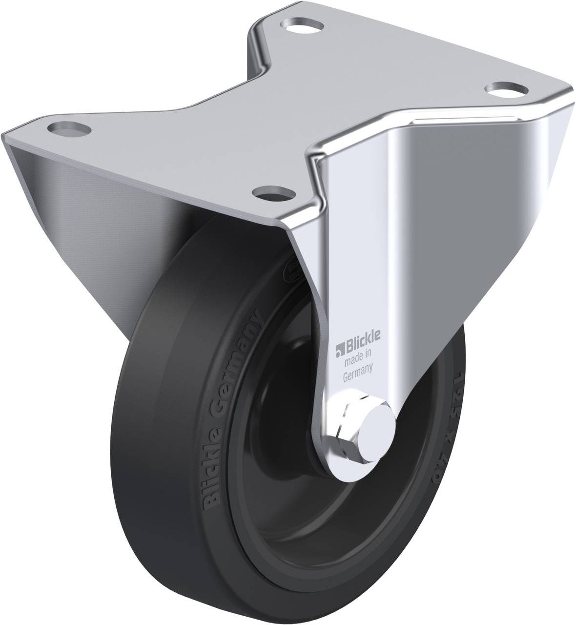 Ein schwarzes Rad mit silbernem Gehäuse, das für Möbel oder Geräte verwendet wird. Markiert mit 'Blickle made in Germany'.