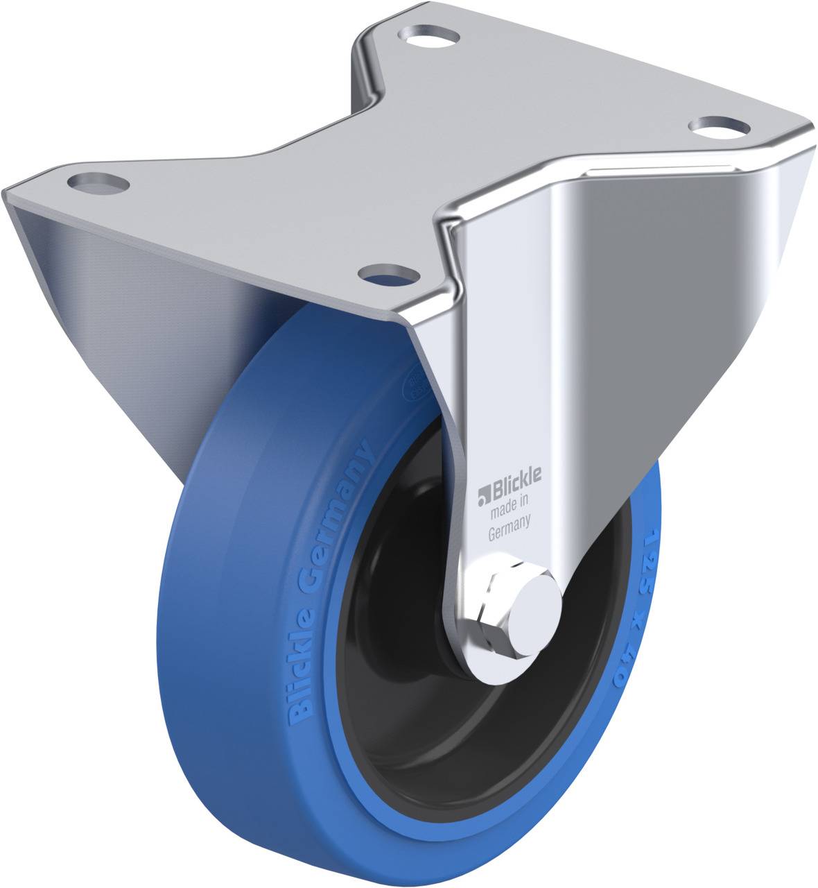 Blaues Rad mit schwarzem Kern, montiert an einer silbernen, metallischen Halterung. Text auf dem Rad: 'Blickle Germany'.