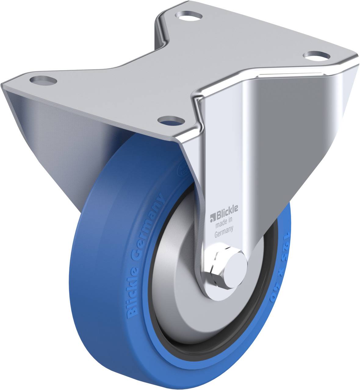 Blaues Schwenkrollenrad mit festem Metallgehäuse, geeignet für Transportgeräte. Text 'Blickle made in Germany' sichtbar auf Rad.