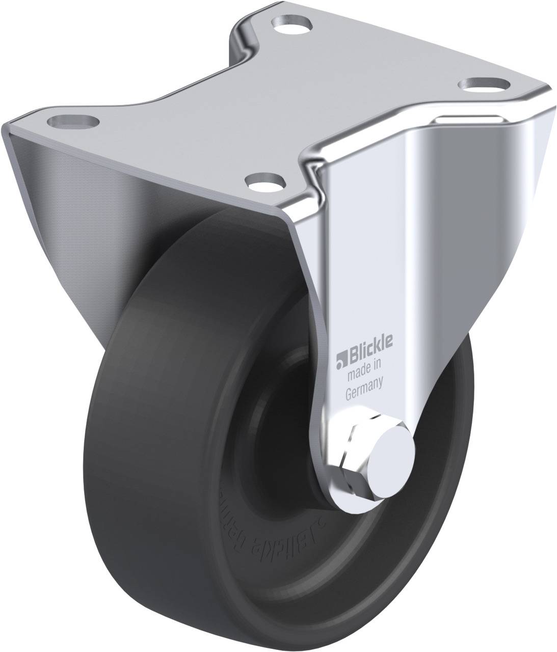 Metall-Schwenkrolle mit schwarzem Rad und rechteckiger Montageplatte, geeignet für industrielle Anwendungen; Aufschrift 'Blickle made in Germany'.