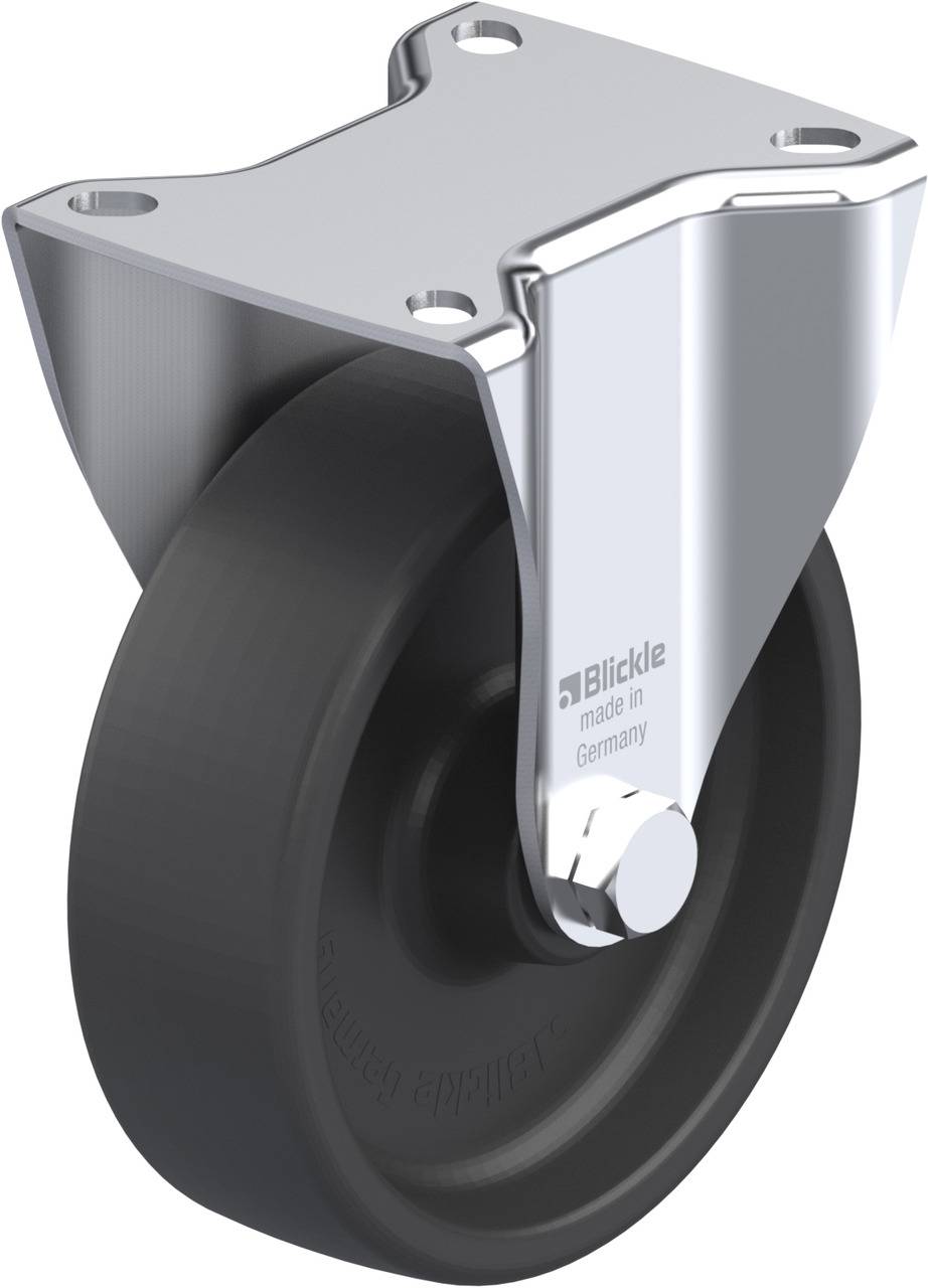 Metallenes Gehäuse mit schwarzer Rolle, darauf steht 'Blickle made in Germany'. Verwendet für Möbel oder Geräte, um Bewegung zu erleichtern.