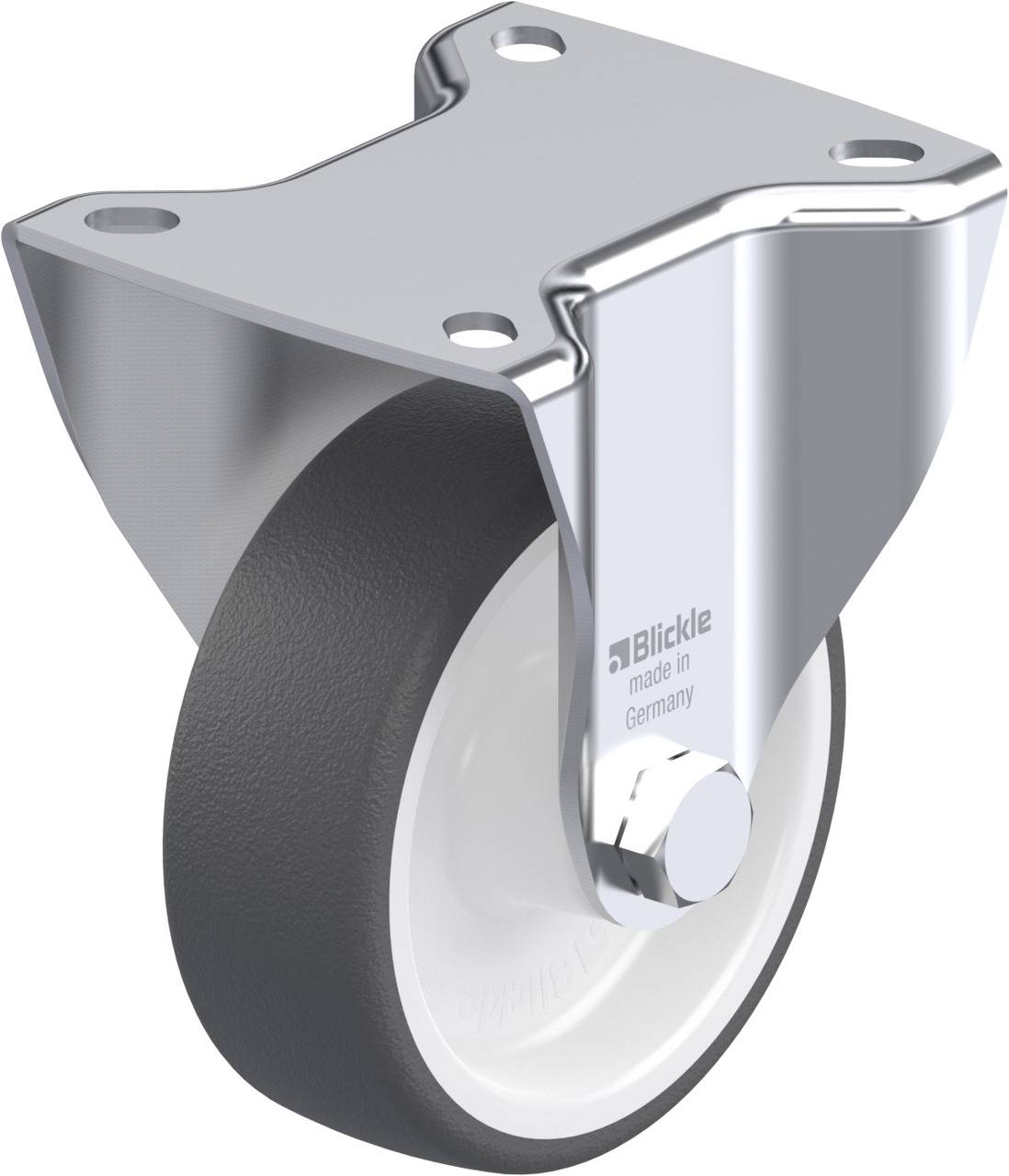 Industrie-Lenkrolle mit Metallhalterung und Gummirad, Aufschrift 'Blickle made in Germany'. Geeignet für Transportzwecke.
