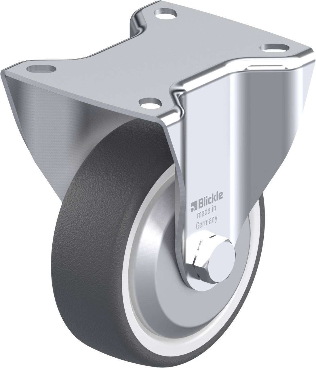 Schwenkrolle mit grauem Gummi-Laufrad, silbernem Stahlgehäuse und Befestigungsplatte, markiert mit 'Blickle, made in Germany'.