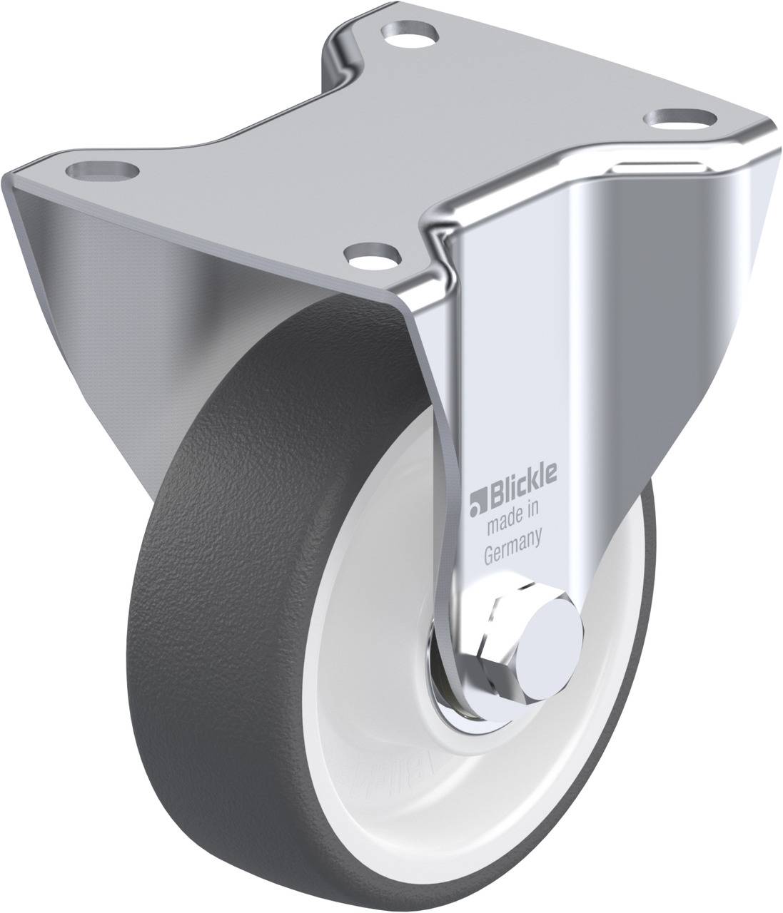 Ein einzelnes Schwenkrollensystem aus Metall mit grauem Rad, geeignet für verschiedene Anwendungen in der Mobilität und Logistik.