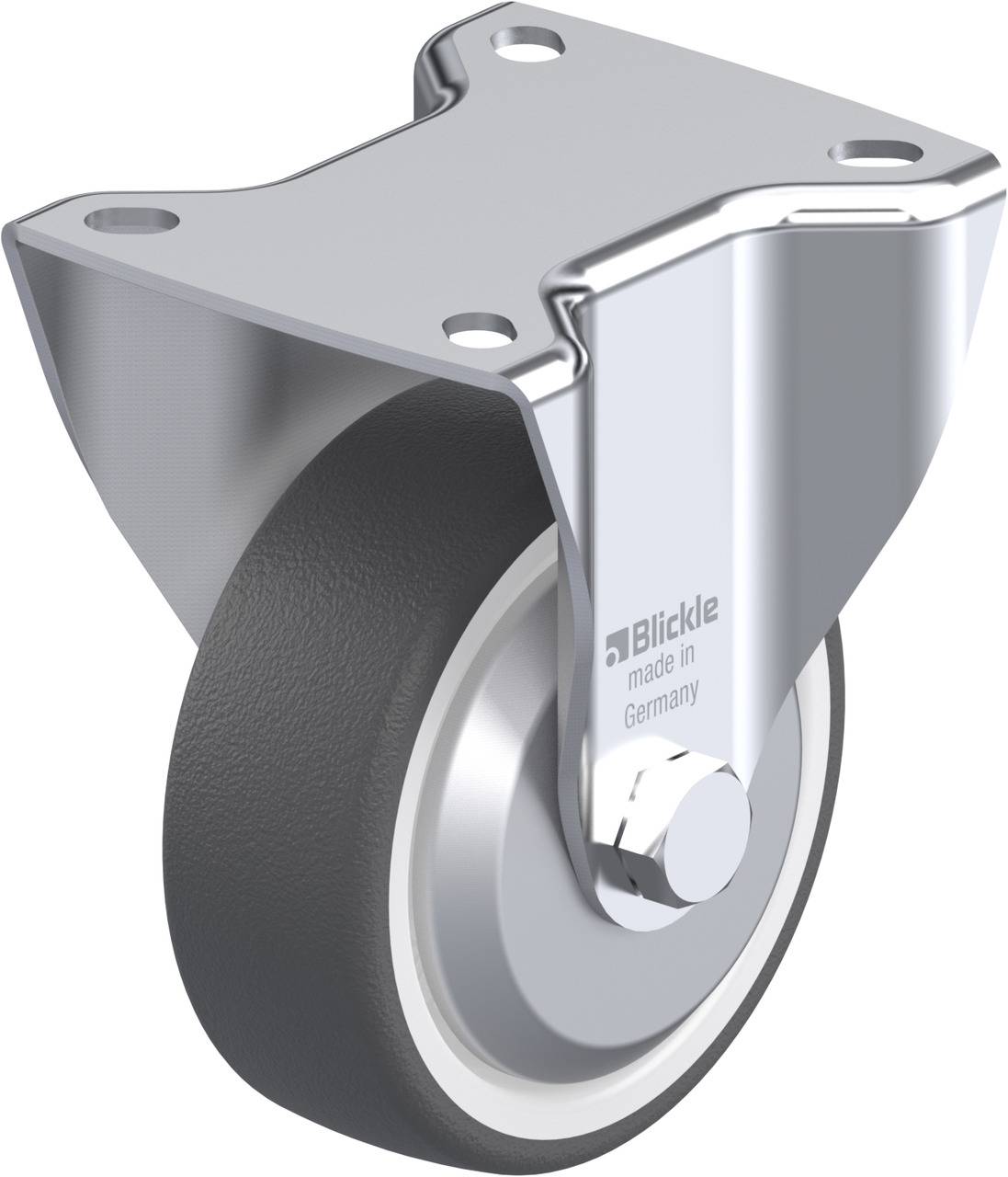 Metallrolle mit grauem Rad, oben montierbarer Halterung und Aufschrift 'Blickle made in Germany'.