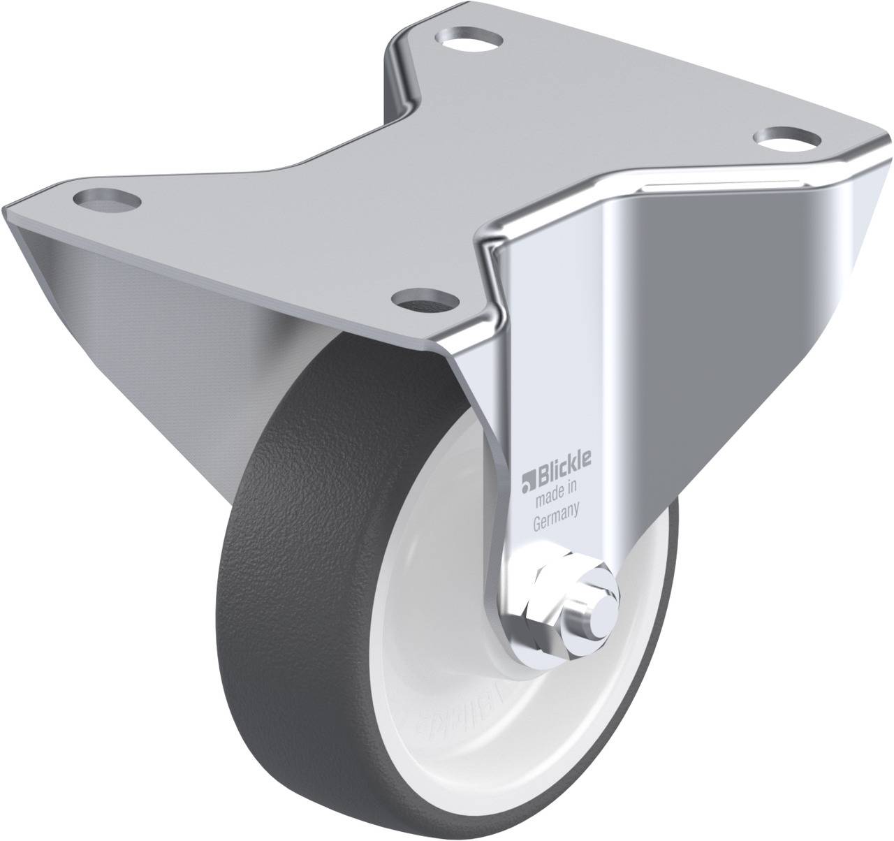 Schwenkrolle mit Metallplatte und schwarzem Rad, geeignet für Möbel oder Industrieanwendungen. Hergestellt von 'Blickle' in Deutschland.